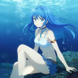a woman with blue hair sitting underwater, a beautiful anime drawing by yuumei, featured on pixiv, rayonism, pixiv, seapunk, very anime anime!! detailed