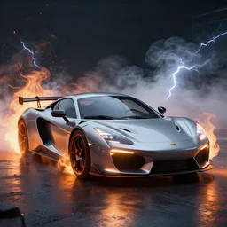 sport car, unreal engine. flames, lightning, cinematic lighting, smokes. peder balke, john watkiss, and paul gustav fischer.