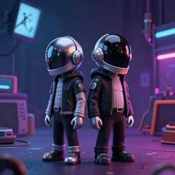 miniature daft punk kids standing back to back, twilight zone background, illustration, artgerm, octane render, inspired by Greg rutkowski, colorful, studio lighting, full body,