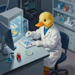 A mixed media painting of a scientist duck working in a pcr and microbiology lab, by Frank Frazetta, Greg Rutkowski, Beeple, kawaii, post-processing, low angle, masterpiece, cinematic, isometric, volumetric lighting