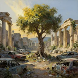 tree growing in ancient greek ruins, gray wasteland, many scrap cars, trash, rubble, overgrown, pillars and arches, flowers, vines, hyperrealistic, highly detailed, cinematic, single ray of golden sunlight, beautiful, cgssociety, artstation, 8 k, oil painting by greg rutkowski, by artgerm, by wlop