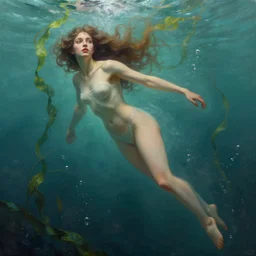 hyper realist matte digital painting of a young beautiful woman, beautiful face, full body, head to toe, jugendstill, floating in water, weightless, bubbles rising, seaweed, headspace, fairytale, fantasy art, photo realistic, dynamic lighting, artstation, volumetric lighting, by mucha, by charlie bowater, by karol bak, by alma tadema