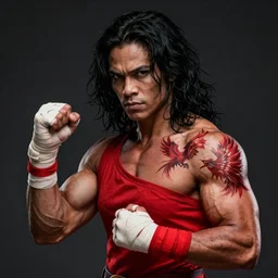 a portrait of kawennahere devery jacobs, muscular, wearing red attire, bandage taped fists, medium length black hair, red phoenix tattoo on back, serious, style by donato giancola, wayne reynolds, jeff easley dramatic light, high detail, cinematic lighting, artstation, dungeons and dragons