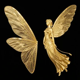 two pice of dragonfly wings made with gold foil, goddess angel of tranquility. hyper detailed, character concept, full body, dynamic pose, intricate, lineart, cerpuscular rays, lily flowers. by yoshitaka amano, alfons mucha and makoto shinkai. 8 k