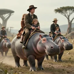 sharp, highly detailed, film from a 2 0 1 9 sci fi 8 k movie, set in 1 8 6 0, a family riding on the back of small alien hippos, across an alien landscape, wearing 1 8 6 0 s clothes, atmospheric lighting, in focus, reflective eyes, 3 5 mm macro lens, live action, nice composition