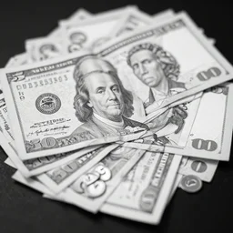 a pile of money, 5 0's, black and white photo