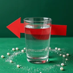 On a table, a glass full of water, behind the glass, there is a red arrow pointing to the left.  We can see the arrow through the glass. The table is green. There is a lot of Glitter and pearls on the table