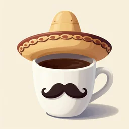 cup of coffee with a mustache wearing a sombrero