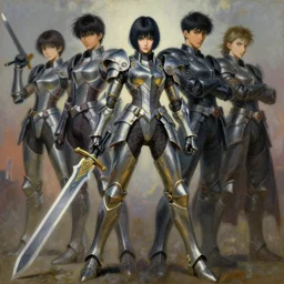 full body girl metal armor holding a gunsword dynamic poses painting beautifull face no blur by gaston bussiere, greg rutkowski, yoji shinkawa, yoshitaka amano, tsutomu nihei, donato giancola, larry elmore, tim hildebrandt, oil on canvas, masterpiece, trending on artstation, featured on pixiv, cinematic composition, 8 k