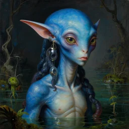a close - up rococo portrait of an colorful blue alien elf - like creature with futuristic features standing in water, moss, and swamp. night time. rich colors, high contast. gloomy, highly detailed 1 8 th century sci - fi fantasy masterpiece painting by jean - honore fragonard, moebius, and johfra bosschart. artstation