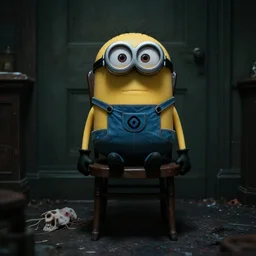 a still of minion in dead silence movie, cinematic, a still movie, horror, scary, detailed, accurate, lonely chair, dead body