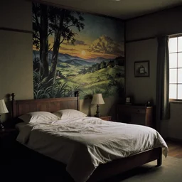 A bedroom designed by Junji Ito, 35mm film, long shot