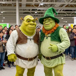 shrek and a leprechaun live in asda, with thousands of spectators