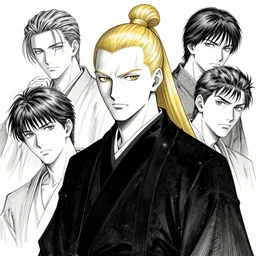 portrait of shaven man with blond ponytail hair up wearing black robes, pen and ink, intricate line drawings, by craig mullins, ruan jia, kentaro miura, greg rutkowski, loundraw