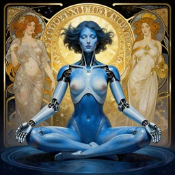 a cybernetic woman with blue skin and mechanical arms meditating over a pool of outer space, by alexandros pyromallis, rutkowski, artgerm, alphonse mucha