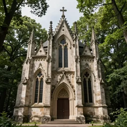 ancient building with gothic structure in forest