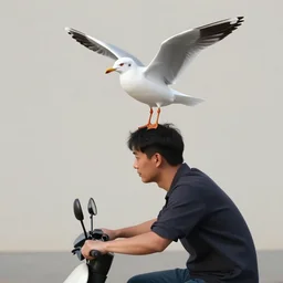 Seagull perched on the head of a man riding an electric scooter