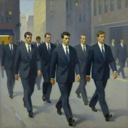 painting of marching men in business suits, in a dystopian city, in the style of edward hopper