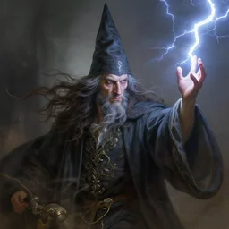 wizard with lightning bolt from hand, windy, stoic, is ( ( with arms half lifted toward us ) ). light dust, magnificent, hyperdetailed, theatrical, close up, masterpiece, painted by jean honore fragonard and greg rutkowski