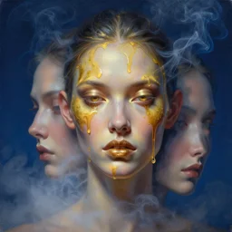 3 d, close - up, liquid gold oil, evil fashion model face, light fog, smoke, poster art, high detail, intricate oil painting, multiple exposure, deep blue color palette, hyperrealism, 3 d, by tooth wu and wlop and beeple and greg rutkowski