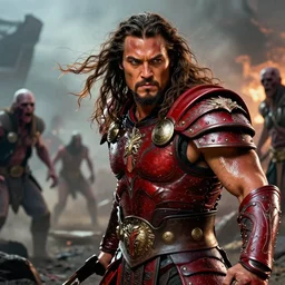 closeup portrait of jason momoa conan the barbarian thor fighting zombies on a post apocalyptic battlefield, wearing royal crimson fantasy ornate spartan dragon scale armor, volumetric lighting, wet skin and windblown hair, muscular!!!, battle action pose, frank frazetta, boris vallejo, greg rutkowski cinematic light, frank miller, ridley scott, high contrast