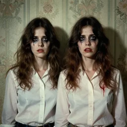two beautiful but creepy women wearing oxford button down shirts in layers of fear, with haunted eyes and wild hair, 1 9 7 0 s, seventies, wallpaper, a little blood, moonlight showing injuries, delicate embellishments, painterly, offset printing technique, by john howe, brom, robert henri, walter popp