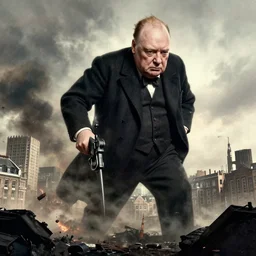 winston churchill as a giant destroying a city