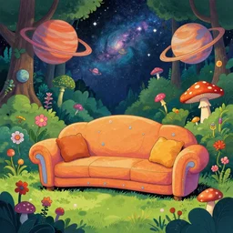 psychedelic trippy couch in the lush forest, planets, flowers, mushrooms milky way, sofa, cartoon by mordecai ardon