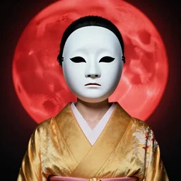 portrait of a woman with a mask on his face in the form of a spiral in a golden kimono, full face, against the background of a bright red moon, sad motif, by shepard fairey, dramatic, soft colors, futuristic, 8 k