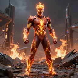 the human torch, redesigned by yasushi nirasawa and alex ross, full figure action shot, alien world nuclear devastation background, hdr, 8 k, octane render, volumetric lighting