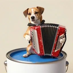 a dog plays accordion sitting on the rim of a giant can of paint, its toes dipped into the paint, digital art