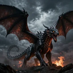a black dragon roars in thunder and dark clouds, flames are beneth it. its eyes glows and wings spread, those scales are like armor. dark tone, cinematic composition, full detail, fantasy, depressed, unreal engine, epic, ultra wide