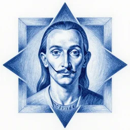 Close-up of the hierophant, pencil drawing. El Greco, Remedios Varo, Salvador Dali, Carl Gustav Carus, John Atkinson Grimshaw. Blue tint. Symetrical, logo, geometric shapes.