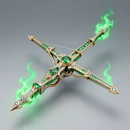 a weapon design for legendary crossbow, magic power, green flame, luxury, gemstone and dimond, product view, 8 k, exquisit, detail,