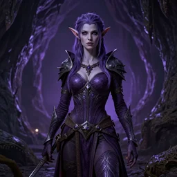 portrait drow elf in underdark, female, attractive, underground huge cave background, purple an dark colors by alex aparin, rob alexander, daren bader, john - paul balmet, digital photo, sharp focus, 8 k, intricate, high detail