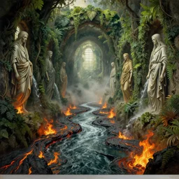 colonial ghost town grand canal with flowing lava and fire, stoic, spirits covered in drapery, archways made of lush greenery, water coming out of windows, light dust, magnificent, hyperdetailed, theatrical, close up, masterpiece, painted by jean honore fragonard and greg rutkowski and rob alexander