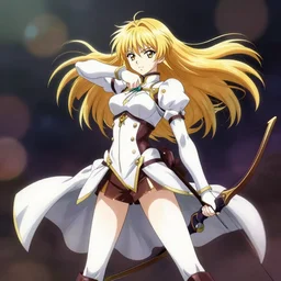 renaissance anime brave elf girl with white skin, strong pose, bow in hand, golden hair blowing the wind, strong pose, trending art, fashion photography, centered, fate zero, extremely high detailed, bokeh color background, studio ghibly makoto shinkai, wlop