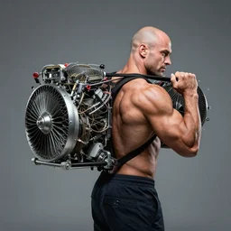 a muscular bald man carrying two turbine engines on his back