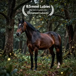 beautiful horse in the forest evening natural light, fireflies, 85mm by Emmanuel Lubezki