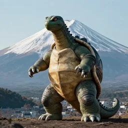 full body photos of Gamera, the giant Turtle kaiju monster with Mount Fuji in the background, cinematic style, atmospheric, Japan, hyperreal