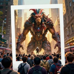 epic teaser trailer poster of an indigenous monster creature designed by akihiko yoshida, gantz, moebius, silent hill, neill blomkamp, pixar in chaotic toronto downtown, golden hour, crowd of panicked bystanders, kodak polaroid, high production value, intricate details, 8 k resolution, hyperrealistic, hdr, tehnicolor, masterpiece, amazing colors, denis villeneuve