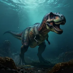 a creepy underwater image of a t - rex lurking in the depths waiting to attack, matte painting, ultra wide shot, sharp focus, wallpaper art, dramatic lighting, artwork by shan qiao, albert bierstadt and murata ranga