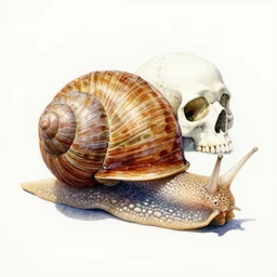 watercolour of snail!! with human skull shell, realism, intricate, colourful