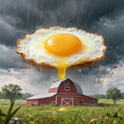 epic professional digital art of and epic rainstorm of eggs over easy on raining on a Kansas barn at midday, best on artstation, cgsociety, wlop, Behance, pixiv, astonishing, impressive, outstanding, epic, cinematic, stunning, gorgeous, concept artwork, much detail, much wow, masterpiece.