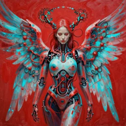 a beautiful painting a portrait of cyborg angel, symetrical scene, symetric character, wires and vines in fractal, trending in artstation, octane render, red and cyan, 8 k, by peter mohrbacher, zaha hadi