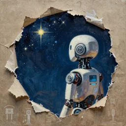 one robot looking at the stars, part el claudio bravo, part by greg rutkowski, part by mattias adolfsson, 5 0 mm, torn paper decollage ( ( ( ( volumetric lighting ) ) ) ), oil on canvas