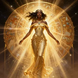 black african princess, warm volumetric lighting, cosmic, symmetric, highly detailed, elegant, concept art, heavenly, god rays, glowing aura, intricate, sharp focus, illustration, alexandros pyromallis, bouguereau, rutkowski, artgerm, alphonse mucha, c