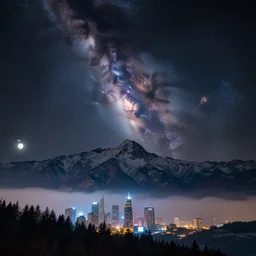 a beautiful double exposure of a deep field astrophotography image by hubble in the sky, and a night time landscape with towering mountains above a cyberpunk city, mist, full moon, snow, lpoty, award winning, apod, low noise, detailed, sharp