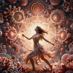 ridiculously beautiful young woman tripping, coral fractals radiating from head with sacred geometry, 3 d, energy, natural, symmetrical, in the style of ernst haeckel, effervescent, warm, photo realistic, epic and cinematic,