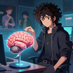 cyberpunk curly - haired persian programmer next to an artificial brain on a stand, artstation, makoto shinkai and ilya kuvshinov